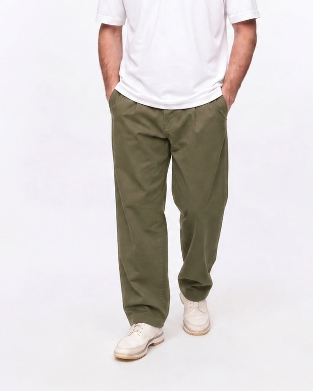 Pleated Trousers - Olive-1